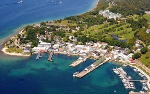 Aerial view of the downtown area of Mackinac Island, Michigan. The famous Grand Hotel is seen at the top right of the image. For an aerial closeup of the Grand Hotel, click on my aviation lightbox below.